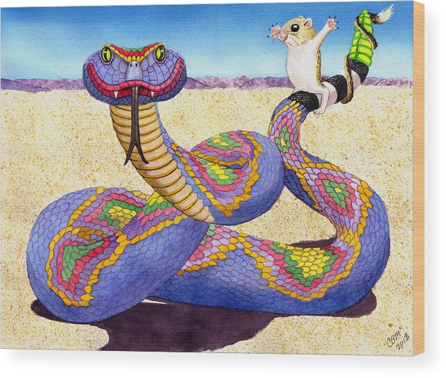 Snake Wood Print featuring the painting Wrangled Razzle Dazzle Rainbow Rattler by Catherine G McElroy