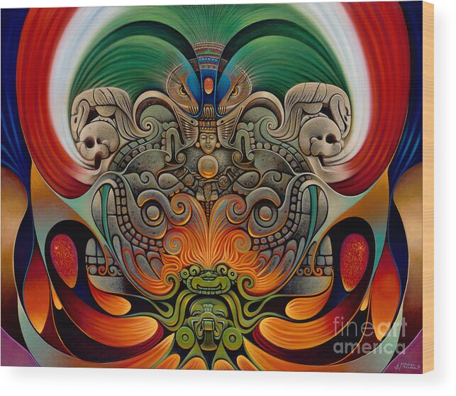 Aztec Wood Print featuring the painting Xiuhcoatl The Fire Serpent by Ricardo Chavez-Mendez