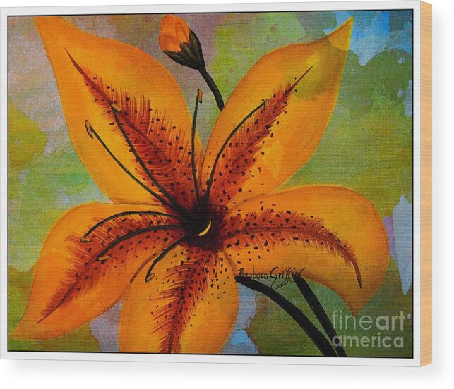 Yellow Lily On Watercolor Background Wood Print featuring the photograph Yellow Lily on Watercolor Background by Barbara A Griffin