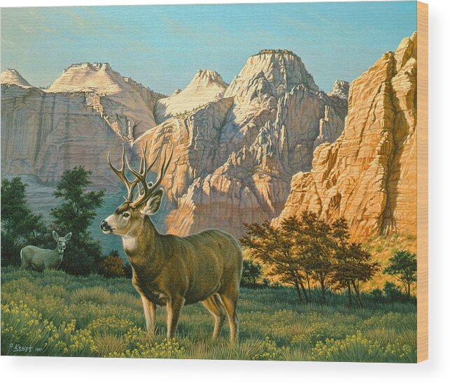 Wildlife Wood Print featuring the painting ZionCountry Muleys by Paul Krapf