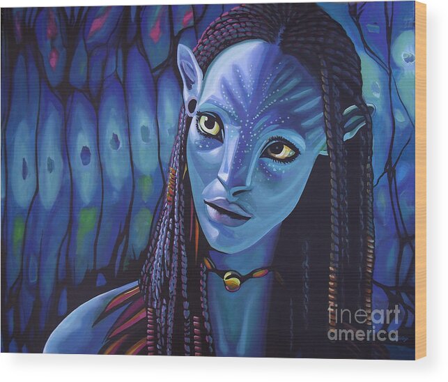 Avatar Wood Print featuring the painting Zoe Saldana as Neytiri in Avatar by Paul Meijering
