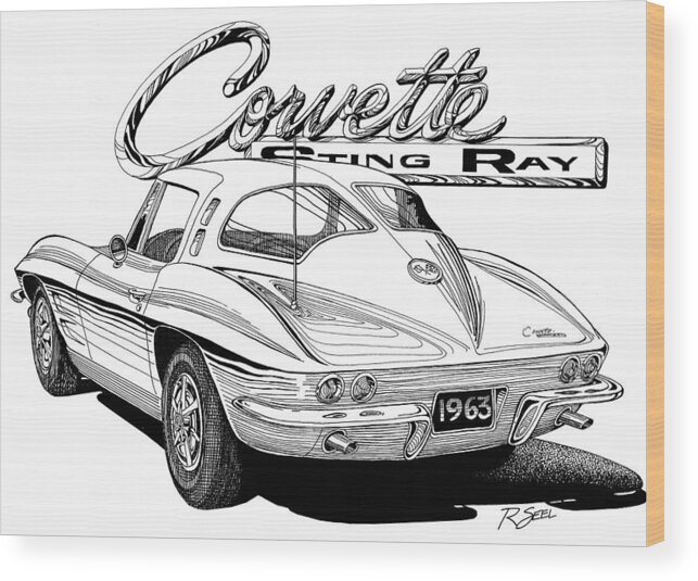 Splitwindow Wood Print featuring the drawing 1963 Split Window Corvette by Rod Seel