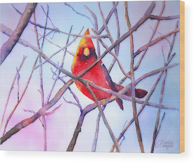 Bird Wood Print featuring the painting Cardinal On A Branch #1 by Arline Wagner