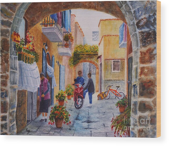 Arch Wood Print featuring the painting Alley Chat by Karen Fleschler