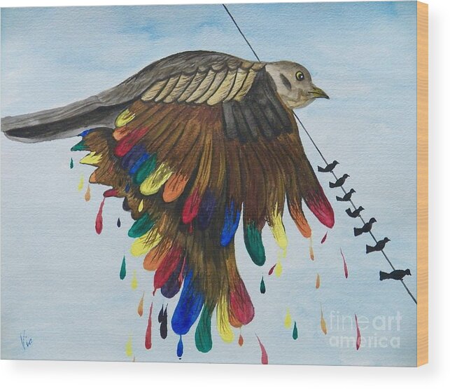 Bird Wood Print featuring the painting Bird on a Wire Flys Free by Judy Via-Wolff