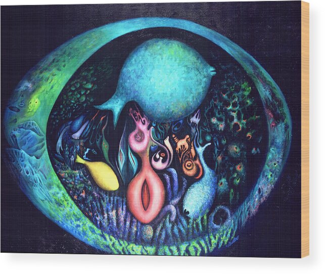 Surrealism Wood Print featuring the painting Birth of Genes by Lynn Buettner