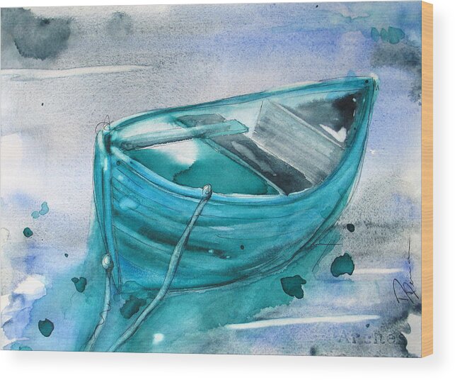 Boat Wood Print featuring the painting Blue Boat by Dawn Derman