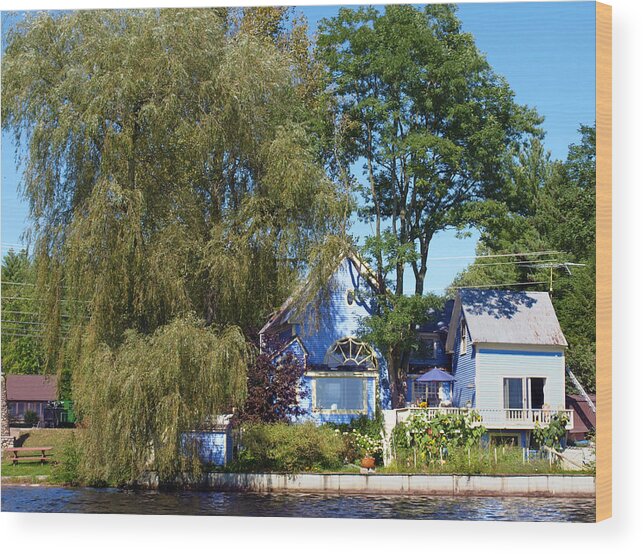 Willow Wood Print featuring the photograph Blue House with Willow by Katherine Huck Fernie Howard