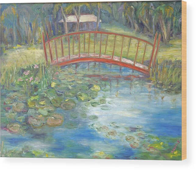 Impressionist Painting Of Bridge Over Pond With Water Lilies. Florida Water Scene Wood Print featuring the painting Bridge in Vero Beach by Barbara Anna Knauf