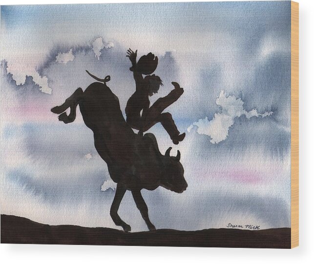 Sharon Mick Wood Print featuring the painting Bull Riding by Sharon Mick