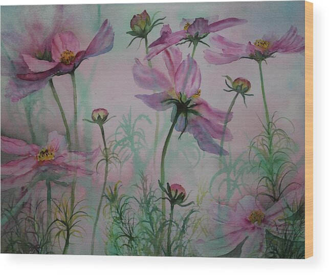 Flowers Wood Print featuring the painting Cosmos by Ruth Kamenev