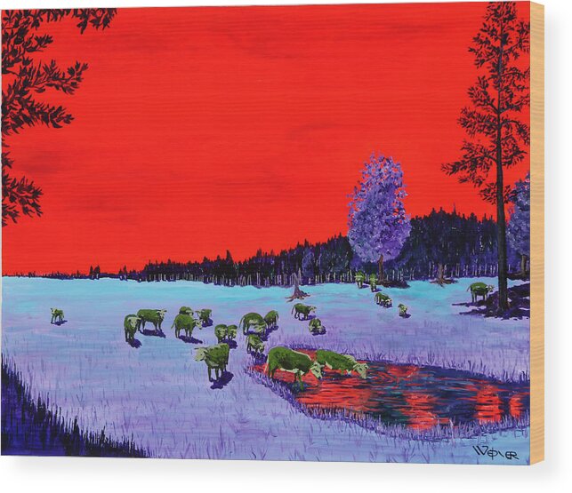 Landscape Wood Print featuring the painting Down To The Wateringhole by Randall Weidner