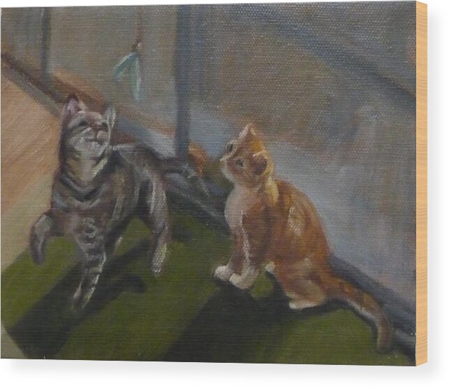 Tabby Cats Wood Print featuring the painting Frankie and Fiona chasing the Green Faery by Jessmyne Stephenson