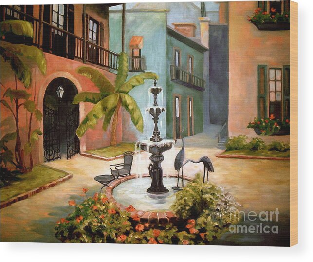 French Quarter Wood Print featuring the painting French Quarter Fountain by Gretchen Allen
