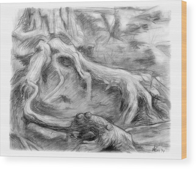 Charcoal Wood Print featuring the drawing Gnarled by Adam Long