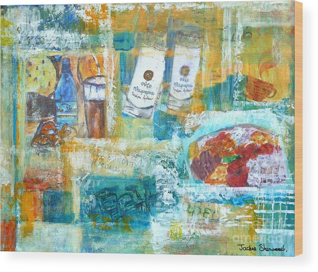 Greece Wood Print featuring the painting Greek Collage - Ouzo and Meze by Jackie Sherwood
