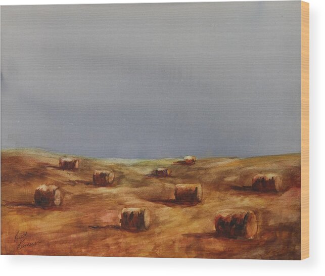 Bales Wood Print featuring the painting Hayfield by Ruth Kamenev