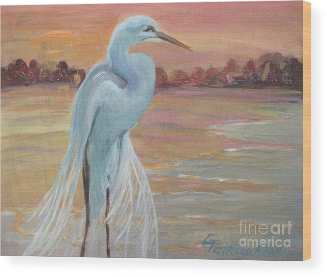 Egret Wood Print featuring the painting Lonely Egret by Gretchen Allen