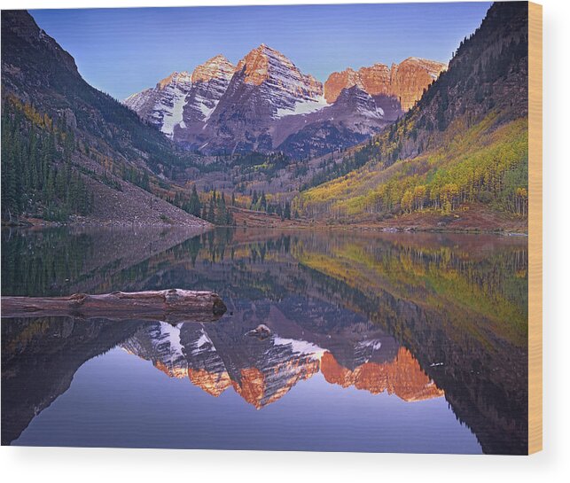 00175844 Wood Print featuring the photograph Maroon Bells Reflected In Maroon Bells by Tim Fitzharris