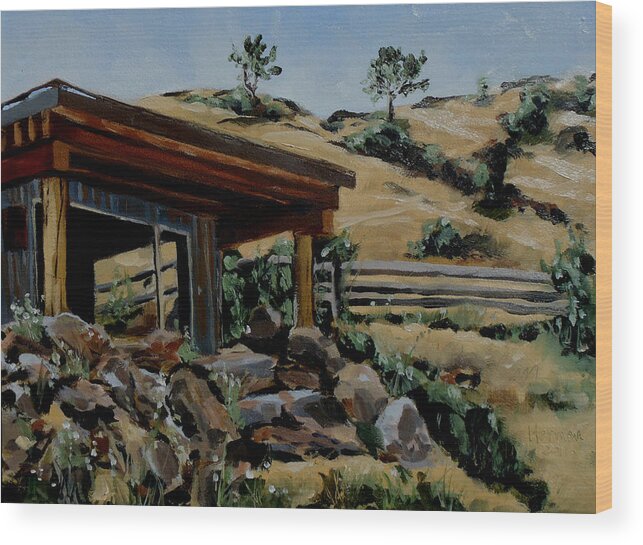 Montana Wood Print featuring the painting Park's Sauna Livingston MT by Les Herman