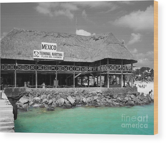 Playa Del Carmen Wood Print featuring the photograph Playa del Carmen Mexico Maritime Terminal Color Splash Black and White by Shawn O'Brien