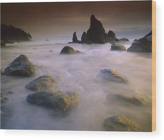 00170857 Wood Print featuring the photograph Sea Stack And Rocks Along Shoreline by Tim Fitzharris