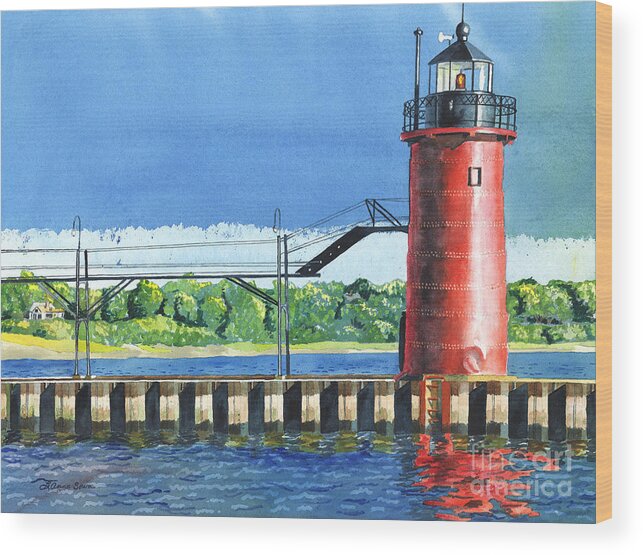 Lighthouse Wood Print featuring the painting South Haven Lighthouse by LeAnne Sowa