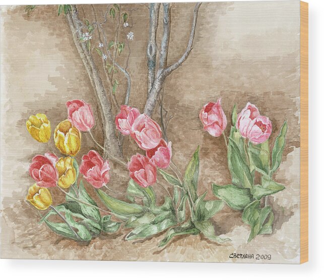 Spring Wood Print featuring the painting Spring Tulips by Svetlana Jenkins