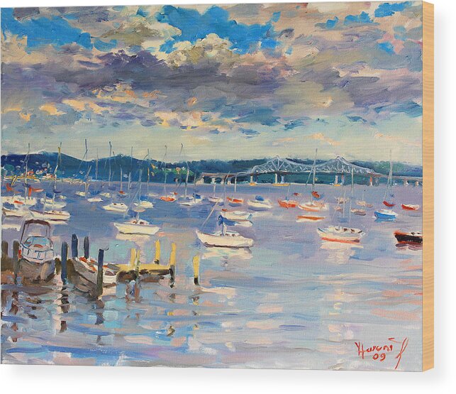Hudson River Wood Print featuring the painting Sun and Clouds in Hudson by Ylli Haruni