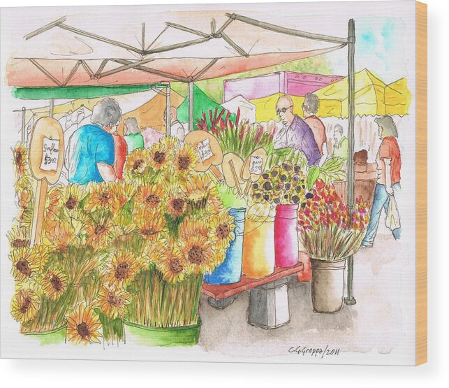 Sunflowers Wood Print featuring the painting Sunflowers in a farmers market in Beverly Hills, California by Carlos G Groppa