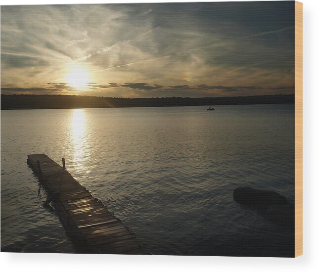 Water Lake Sunset Wood Calm Nature Pier Clouds Orange  Wood Print featuring the photograph Sunset Lake by Raymond Earley