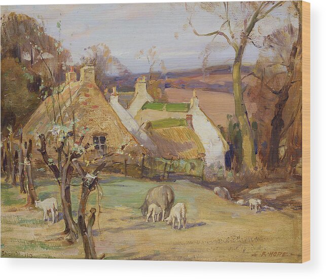 Sheep Wood Print featuring the painting Swanston Farm by Robert Hope