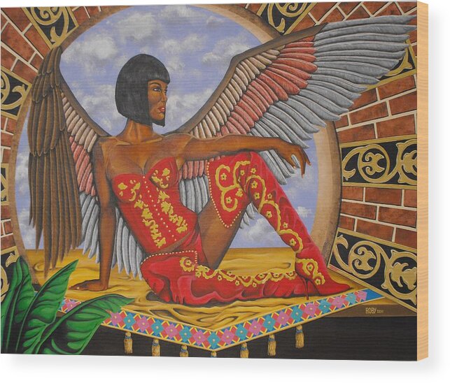 Modern Colorful Angel With African American Features Wood Print featuring the painting Temptation by William Roby