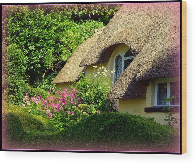 Selworthy Wood Print featuring the photograph Thatched Cottage with Pink Flowers by Carla Parris