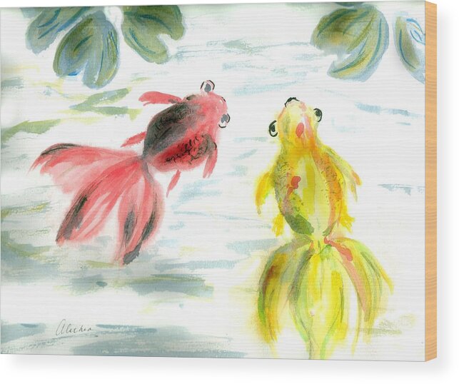 Fish Wood Print featuring the painting Two Little Fishes by Alethea M