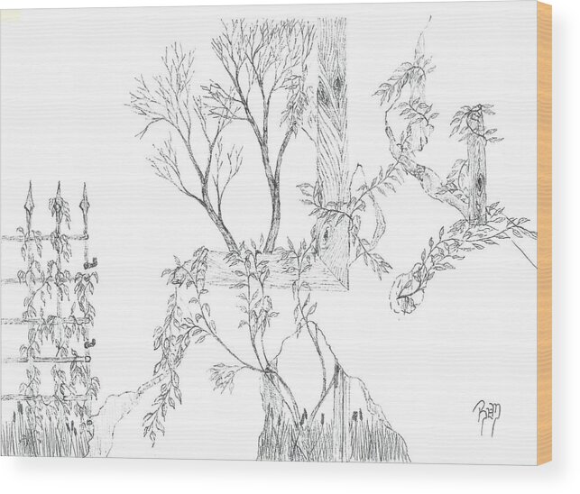 Landscape Wood Print featuring the drawing What Remains - Sketch by Robert Meszaros