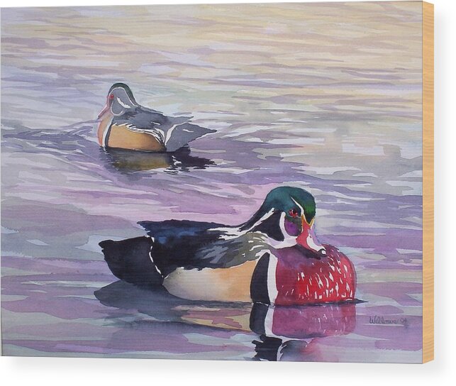 Ducks Wood Print featuring the painting Wood ducks by Richard Willows