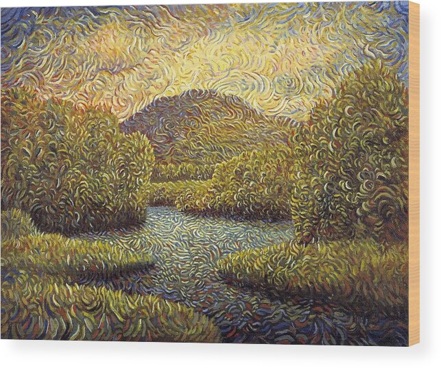 Mountain Wood Print featuring the painting Mountain With Trees By A River Surreal by Alan Kenny