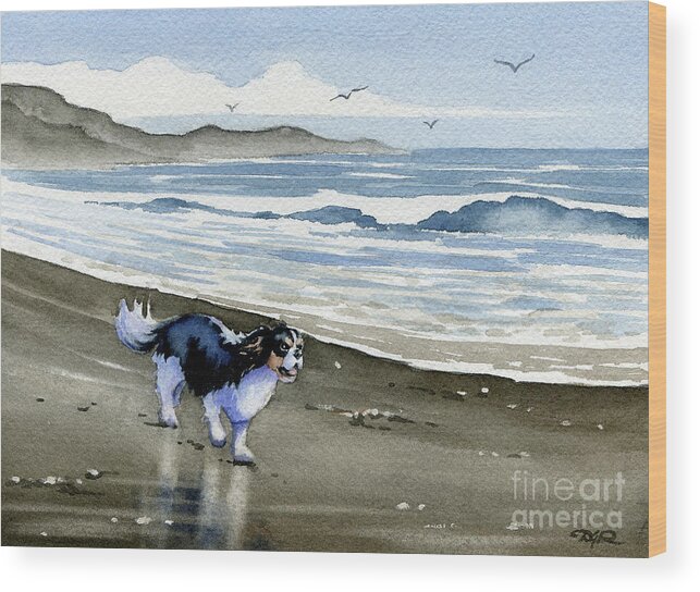 Cavalier King Charles Wood Print featuring the painting Cavalier King Charles Spaniel at the Beach #2 by David Rogers