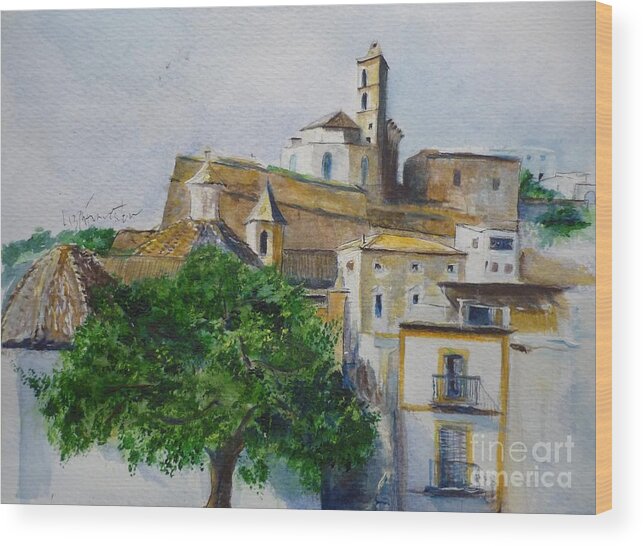 Buildings Wood Print featuring the painting D Alt Vila Ibiza Old Town #1 by Lizzy Forrester