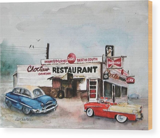 Old Restaurants Wood Print featuring the painting Elvis has left the building. #1 by Bobby Walters