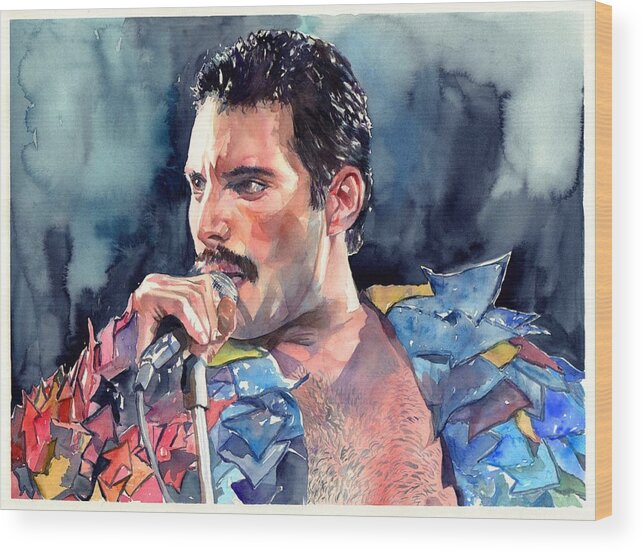 Freddie Wood Print featuring the painting Freddie Mercury portrait by Suzann Sines