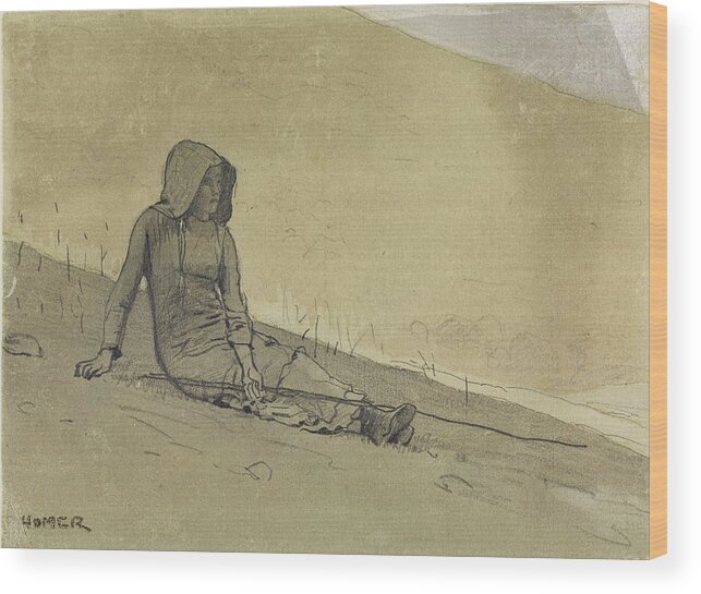 Winslow Homer Wood Print featuring the drawing Girl Seated on a Hillside #2 by Winslow Homer