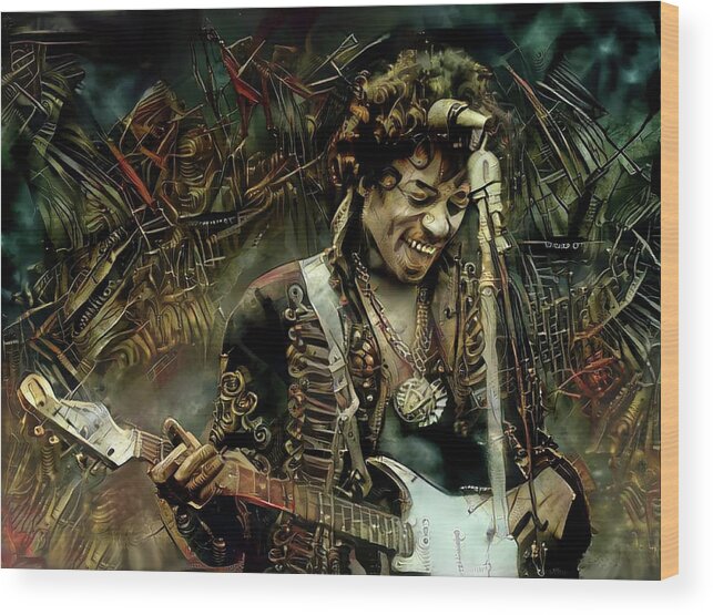 Jimi Hendrix Wood Print featuring the mixed media Jimi Hendrix Steampunk style #2 by Lilia S