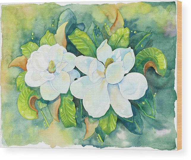 Magnolias Wood Print featuring the painting Magnolias #1 by Cathy Locke