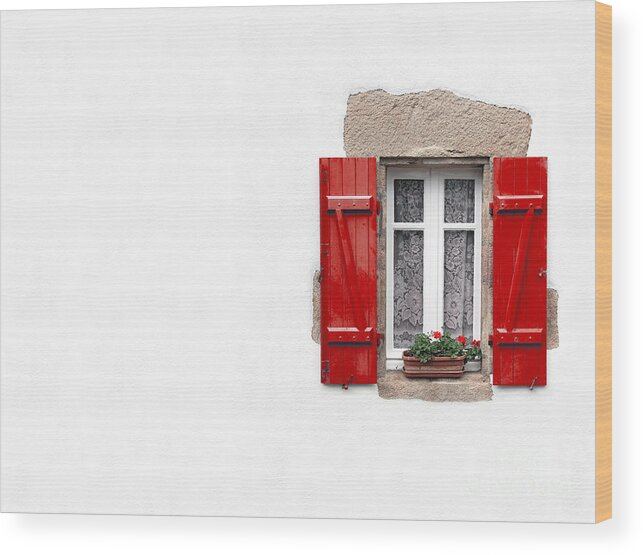Architecture Wood Print featuring the photograph Red shuttered window on white #1 by Jane Rix