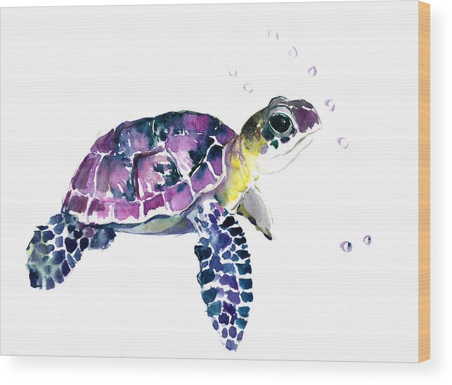 Sea Turtle Wood Print featuring the painting Sea Turtle, underwater scene #1 by Suren Nersisyan