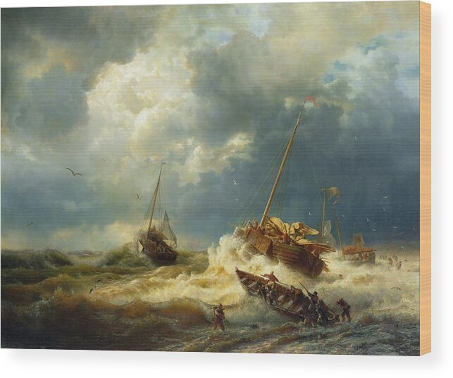 Painting Wood Print featuring the painting Ships In A Storm On The Dutch Coast #1 by Mountain Dreams