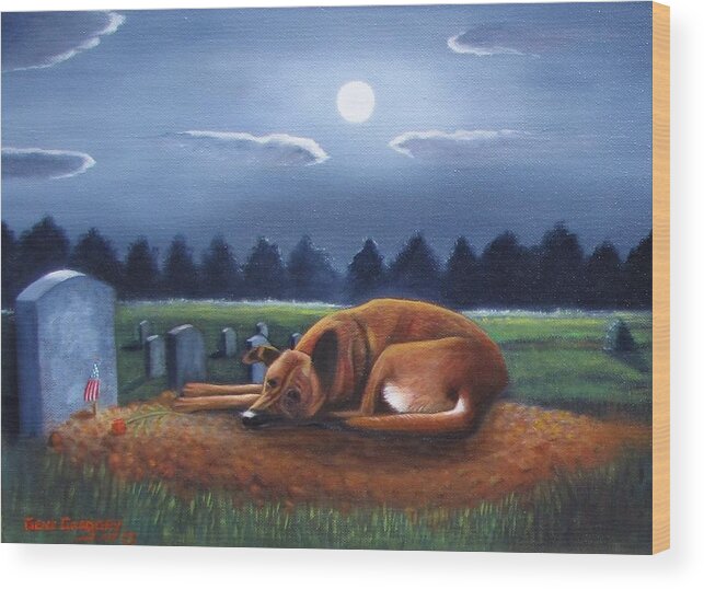 Dog On A Grave In A Cemetery. Moon Light Wood Print featuring the painting The Watchman by Gene Gregory