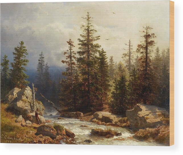 Andreas Achenbach Wood Print featuring the painting Forest Landscape with an Angler #2 by MotionAge Designs